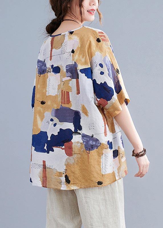 Yellow Printed Cotton Linen Summer Top