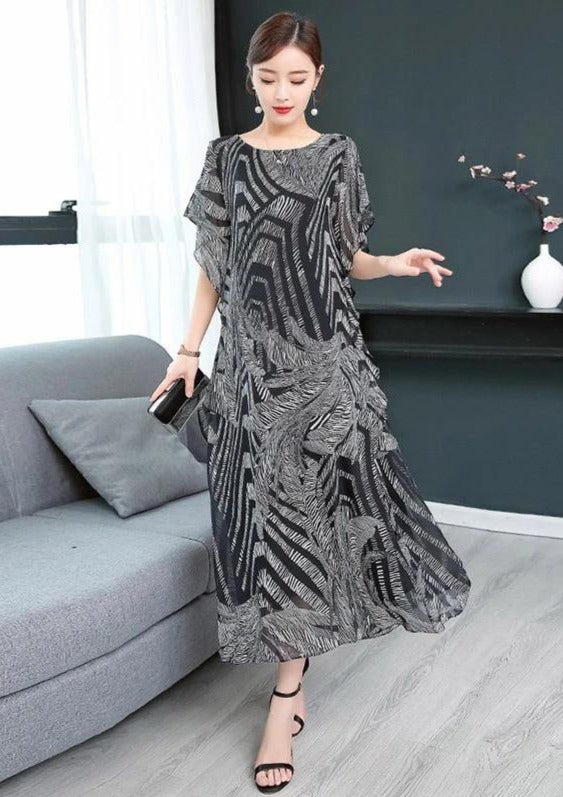 Black O-Neck Chiffon Kaftan Dress