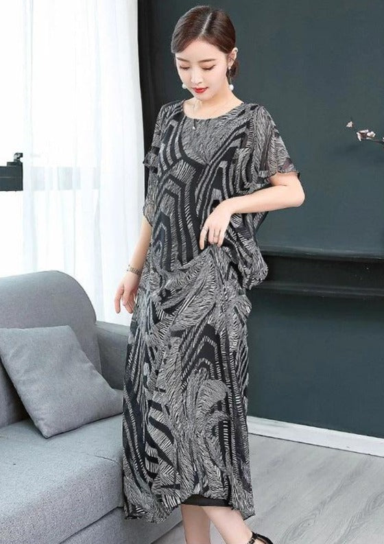 Black O-Neck Chiffon Kaftan Dress