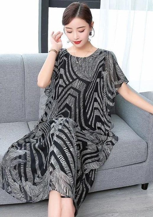 Black O-Neck Chiffon Kaftan Dress