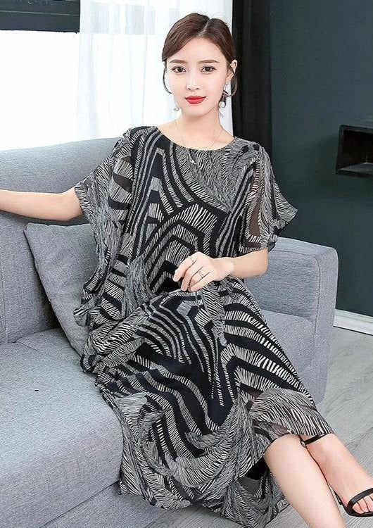 Black O-Neck Chiffon Kaftan Dress