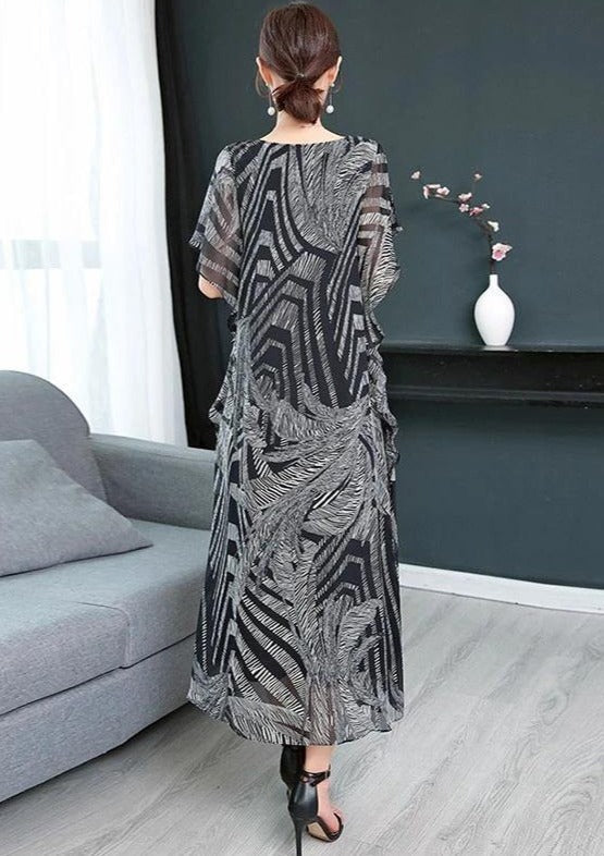 Black O-Neck Chiffon Kaftan Dress