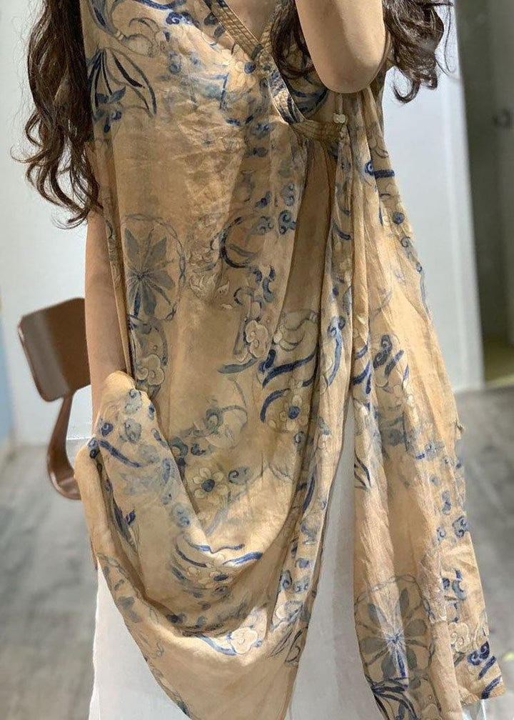 Printed V-Neck Side-Open Linen Dress