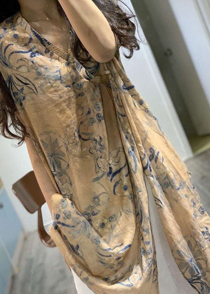 Printed V-Neck Side-Open Linen Dress
