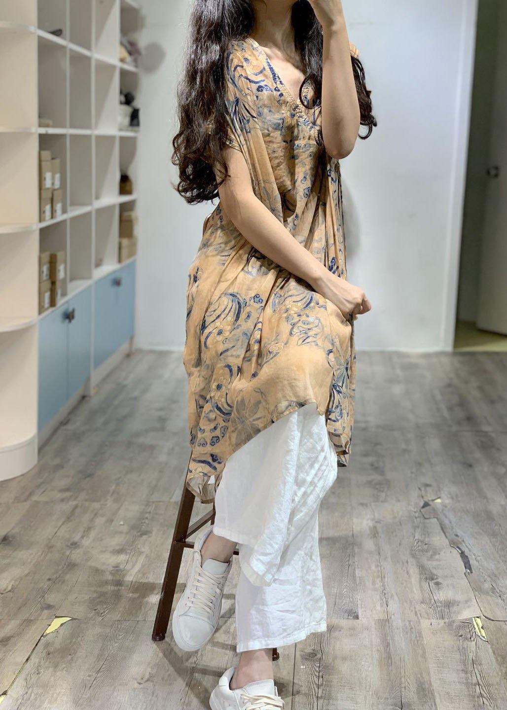 Printed V-Neck Side-Open Linen Dress