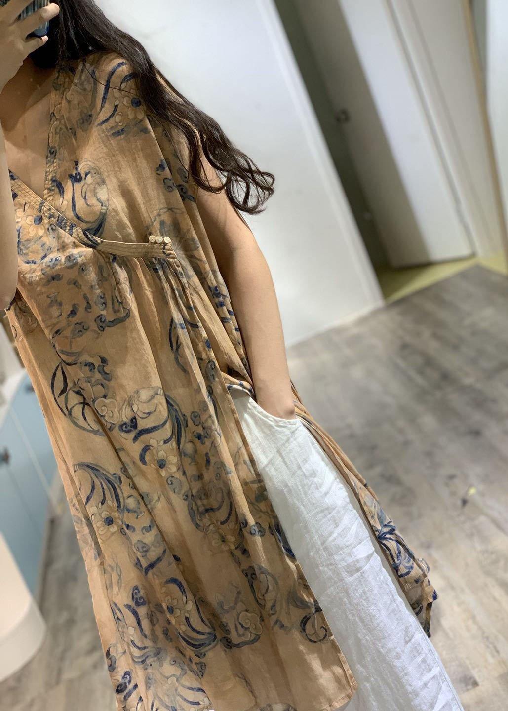 Printed V-Neck Side-Open Linen Dress