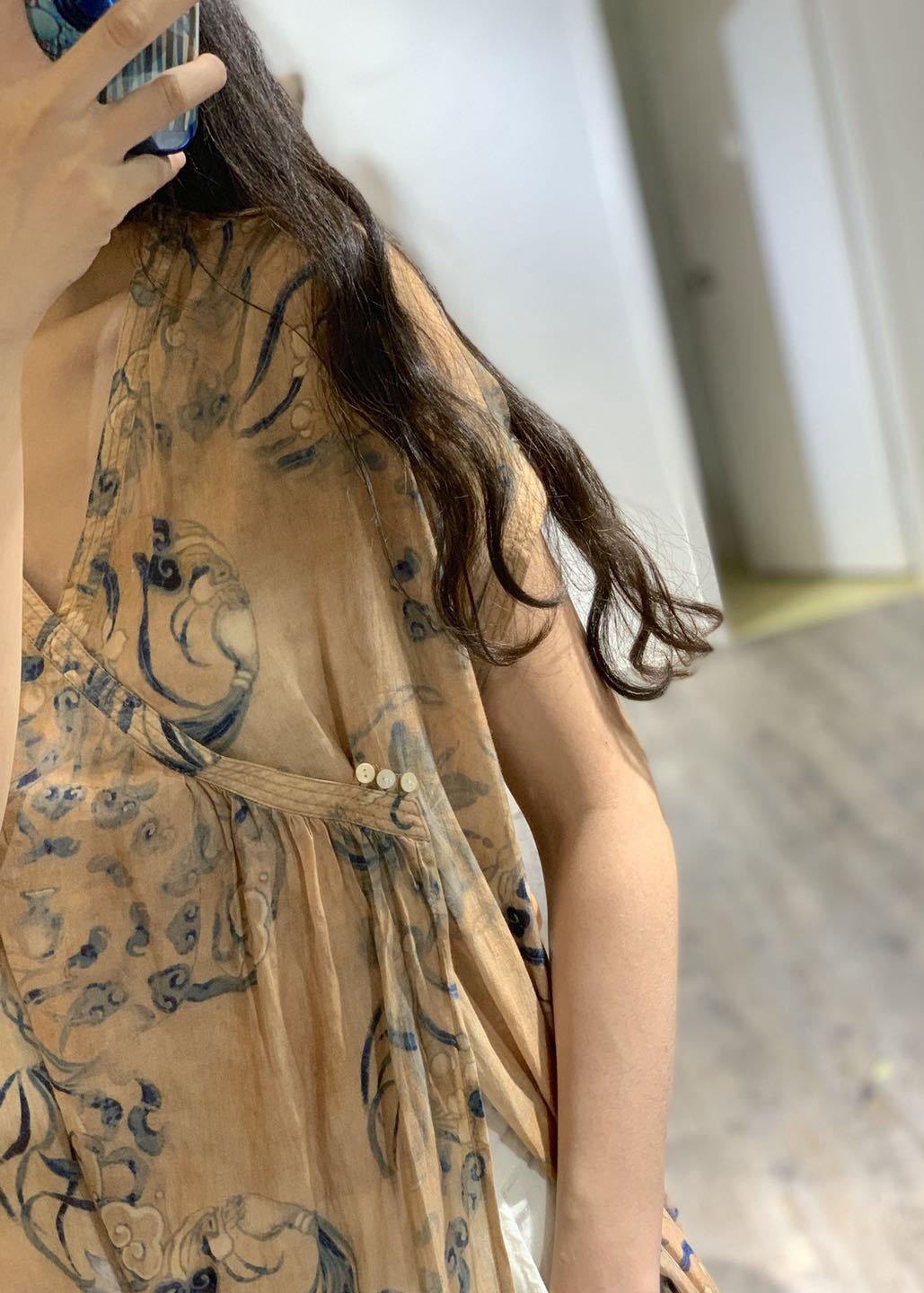 Printed V-Neck Side-Open Linen Dress