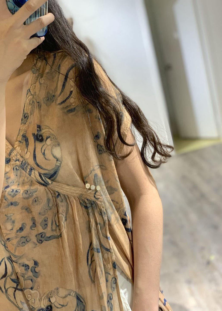 Printed V-Neck Side-Open Linen Dress
