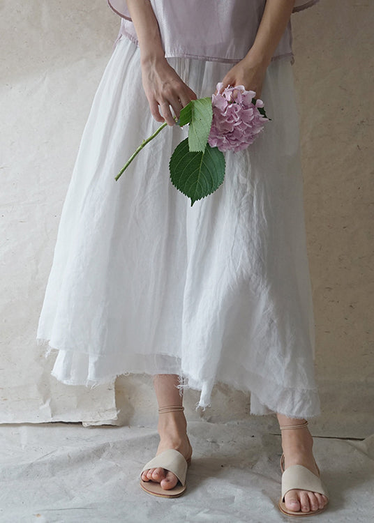 Solid White Elastic Waist Drawstring Double Layer Linen Skirts Spring
