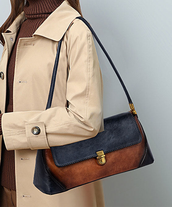Brown Colour Contrast Leather Tote Bag