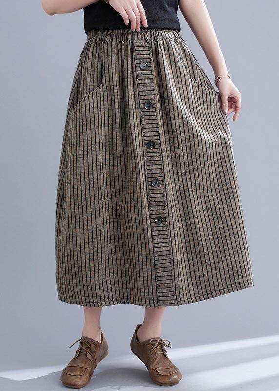 Brown Striped Button Cotton Linen Skirt