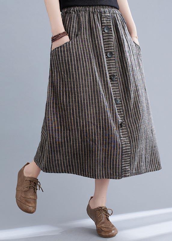Brown Striped Button Cotton Linen Skirt