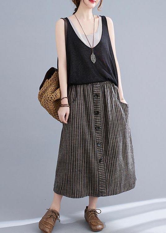 Brown Striped Button Cotton Linen Skirt