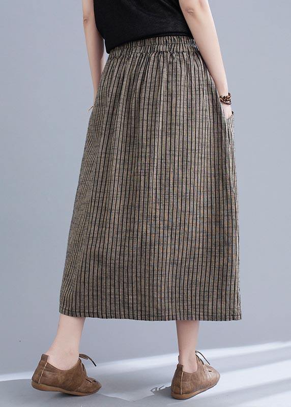 Brown Striped Button Cotton Linen Skirt