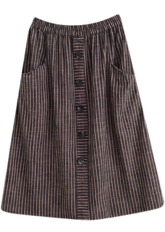 Brown Striped Button Cotton Linen Skirt