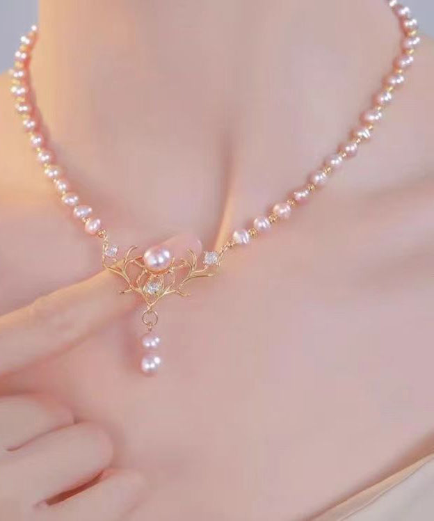 Gold Silver Pearl Elk Necklace