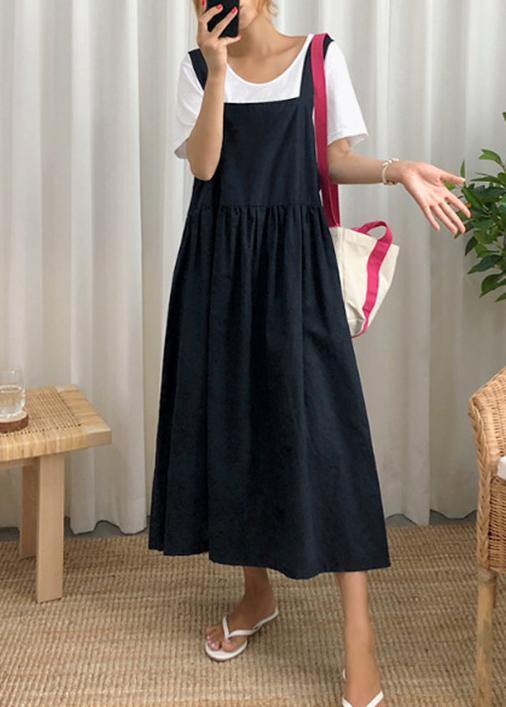 Black Spaghetti Strap Cinched Linen Dress