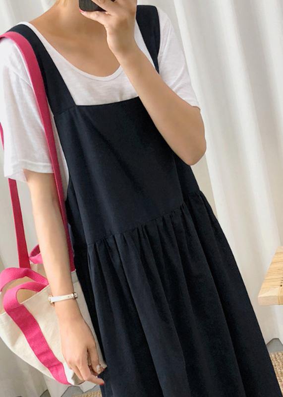 Black Spaghetti Strap Cinched Linen Dress