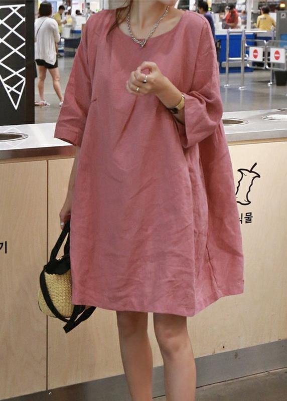 Pink Cotton Linen Cinched A-Line Dress