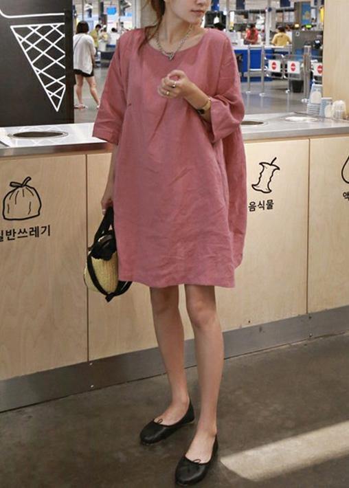 Pink Cotton Linen Cinched A-Line Dress