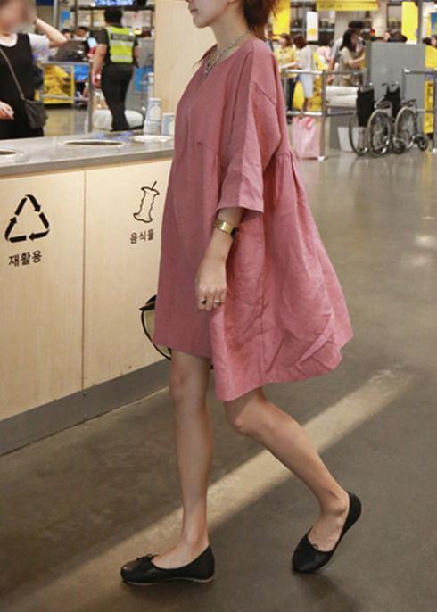 Pink Cotton Linen Cinched A-Line Dress
