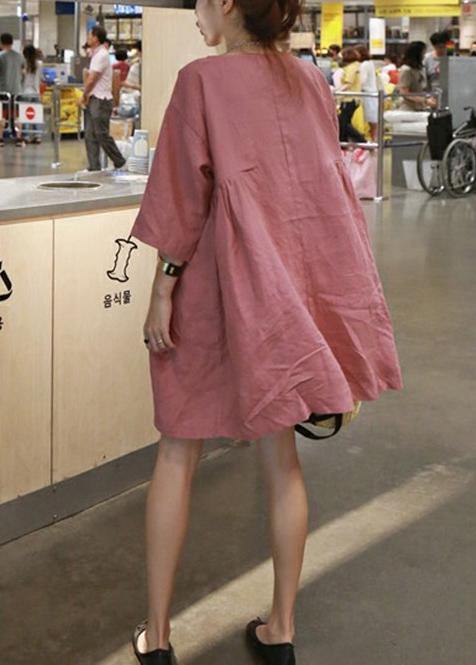 Pink Cotton Linen Cinched A-Line Dress