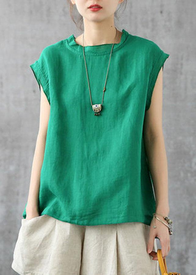 Green Sleeveless Linen O-Neck Top