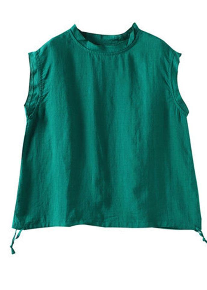 Green Sleeveless Linen O-Neck Top