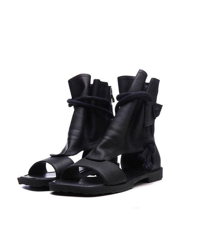 Black Leather Lace-Up Hiking Sandals