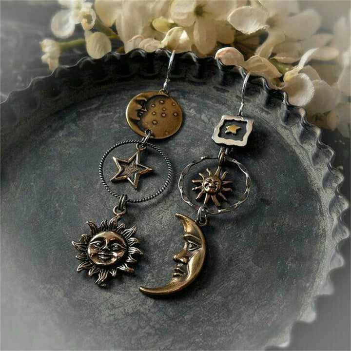 Coral | Hanging Earrings with Sun and Moon Pendant