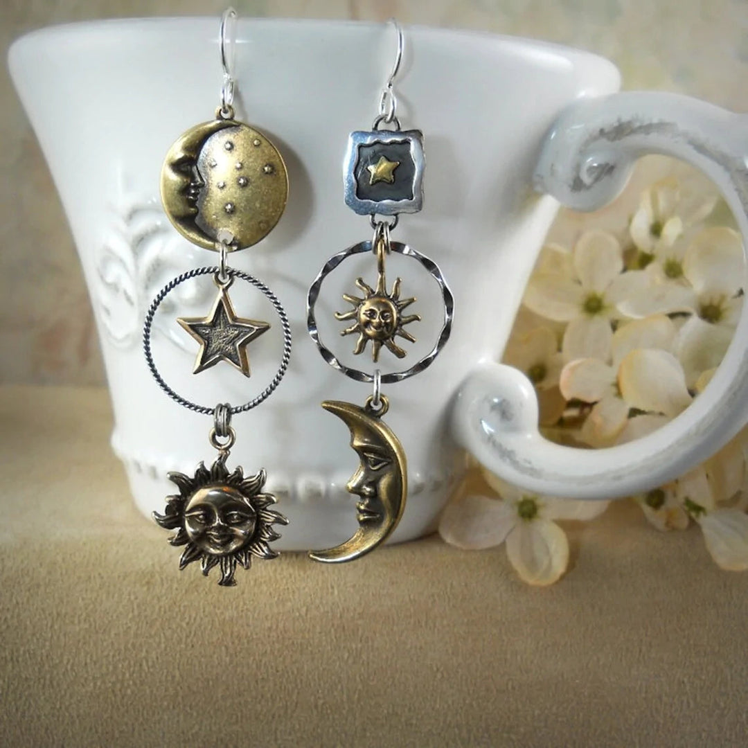 Coral | Hanging Earrings with Sun and Moon Pendant