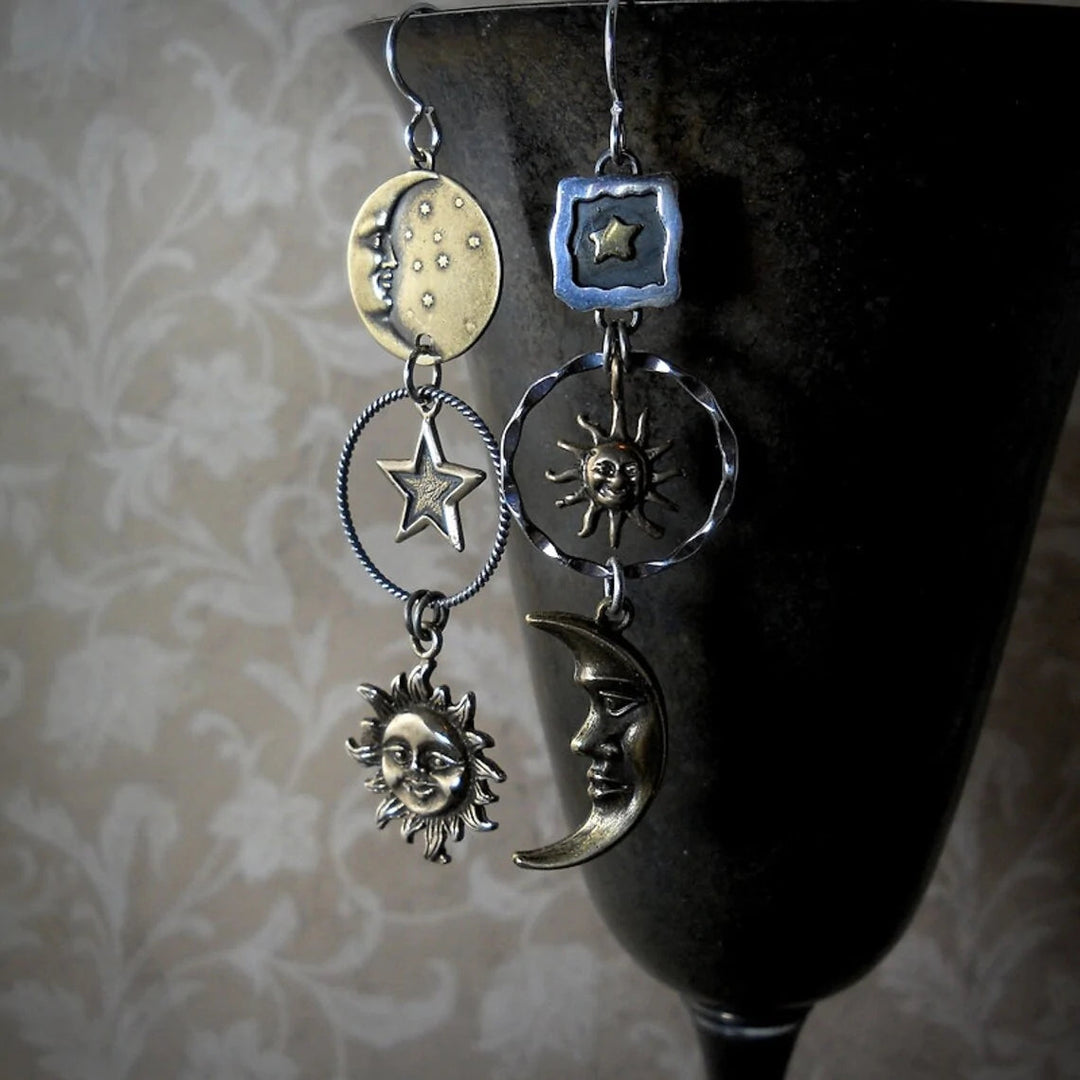 Coral | Hanging Earrings with Sun and Moon Pendant