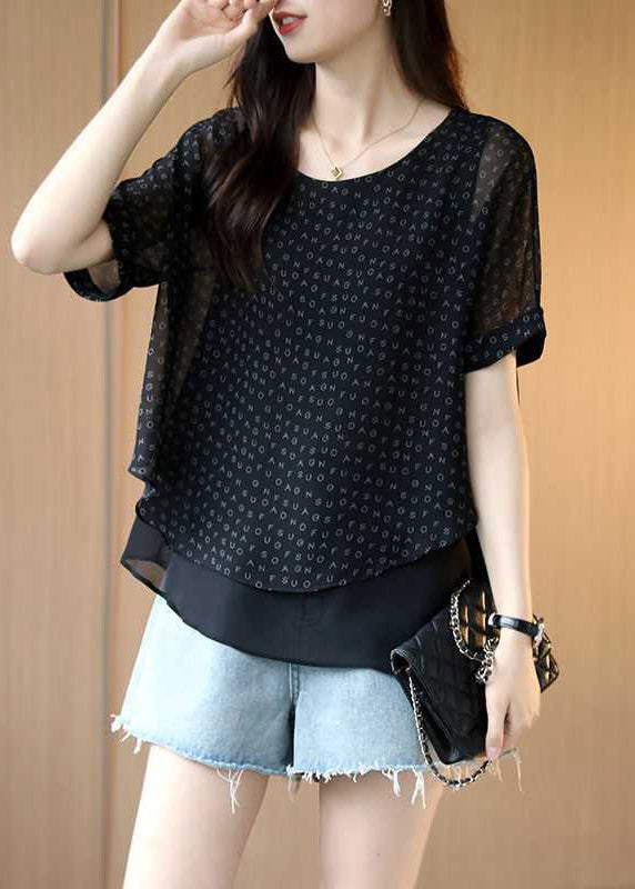 Black Letter Print Layered Chiffon Top
