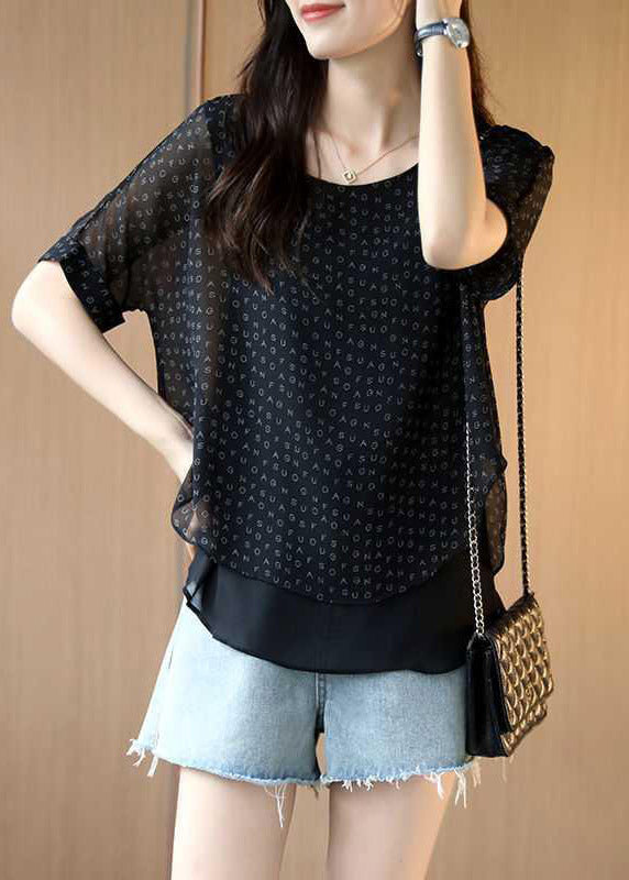 Black Letter Print Layered Chiffon Top