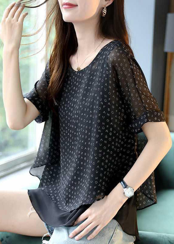 Black Letter Print Layered Chiffon Top