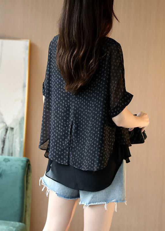 Black Letter Print Layered Chiffon Top