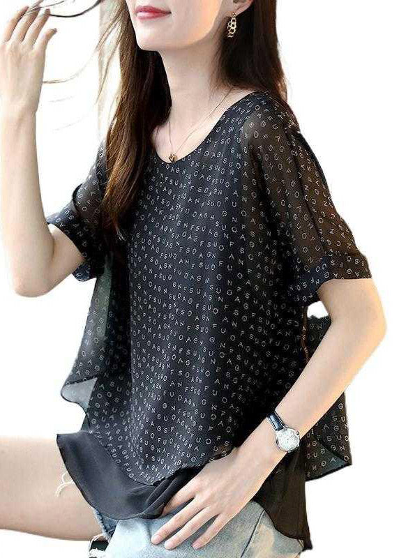 Black Letter Print Layered Chiffon Top