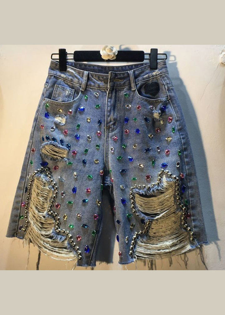 Blue Nail Bead High Waist Denim Shorts