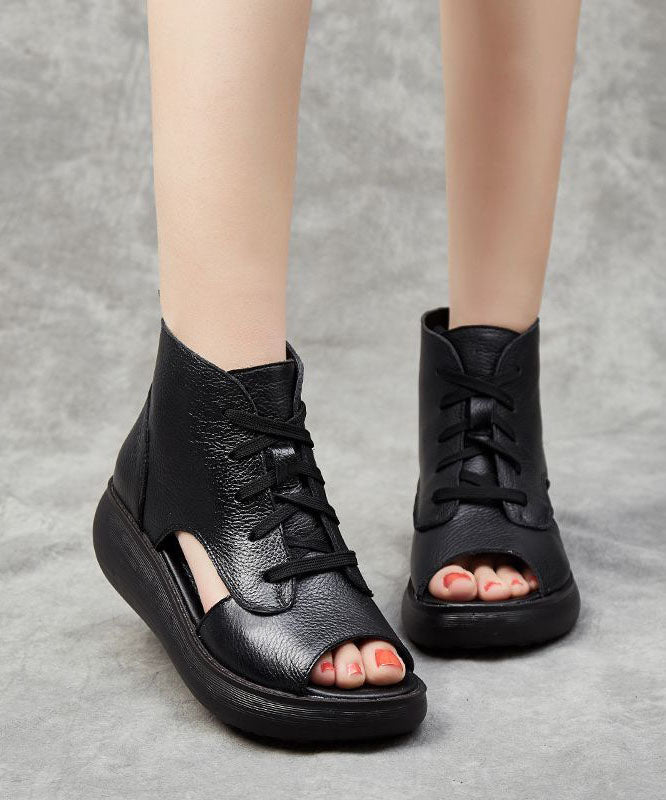 Black Cowhide Cross Strap Wedge Sandals