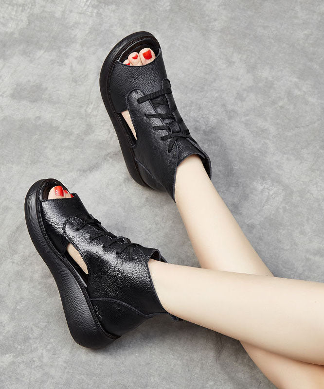 Black Cowhide Cross Strap Wedge Sandals