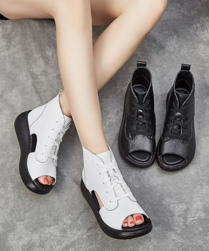 Black Cowhide Cross Strap Wedge Sandals