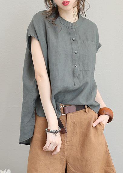 Grey Green Low-High Linen Blouse