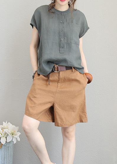 Grey Green Low-High Linen Blouse