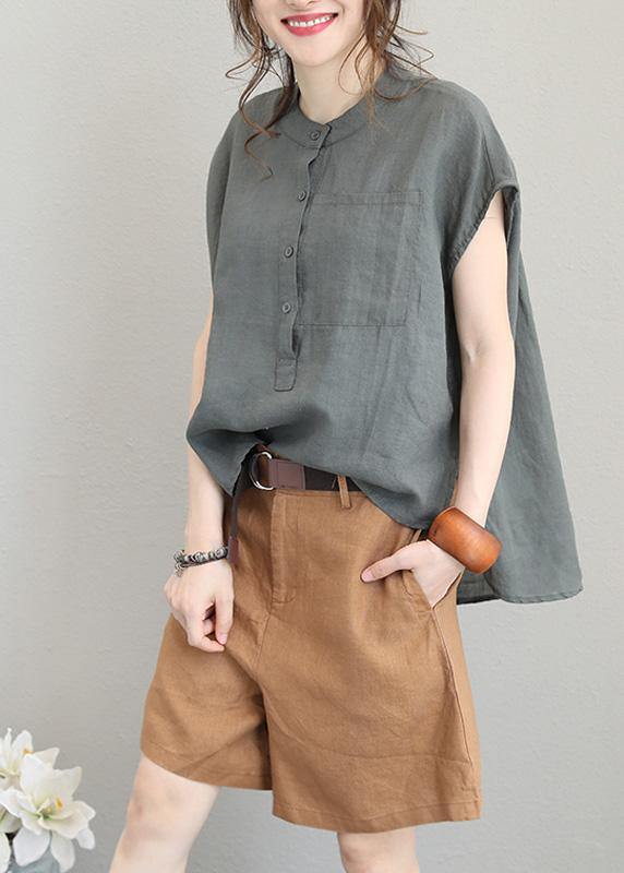 Grey Green Low-High Linen Blouse