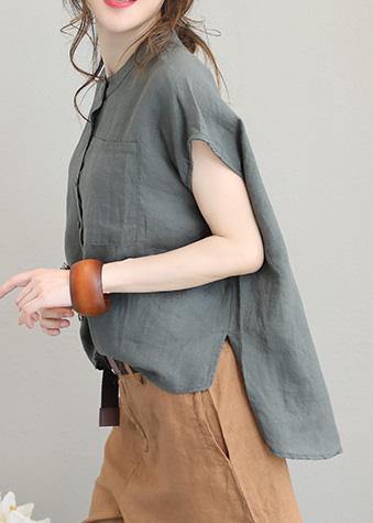 Grey Green Low-High Linen Blouse