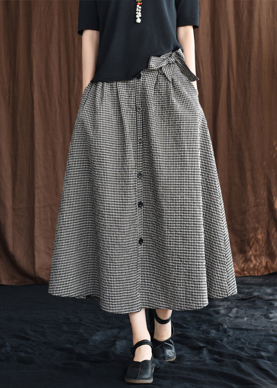 Black Plaid Bow Linen A-Line Skirt
