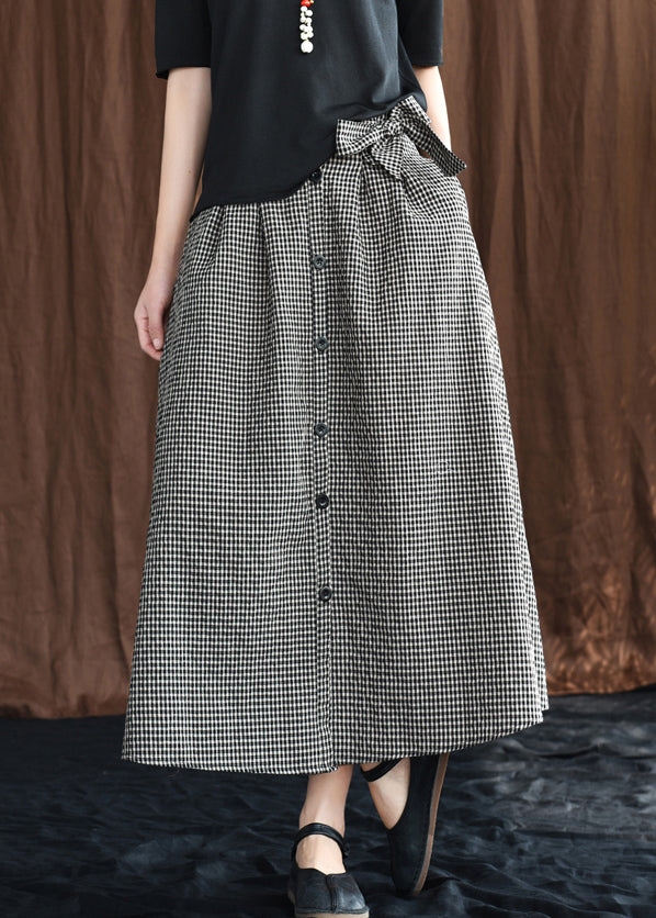 Black Plaid Bow Linen A-Line Skirt