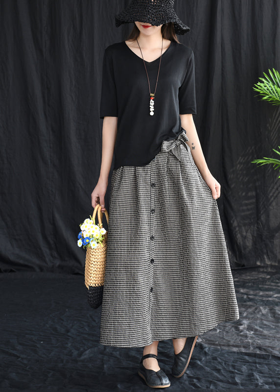 Black Plaid Bow Linen A-Line Skirt