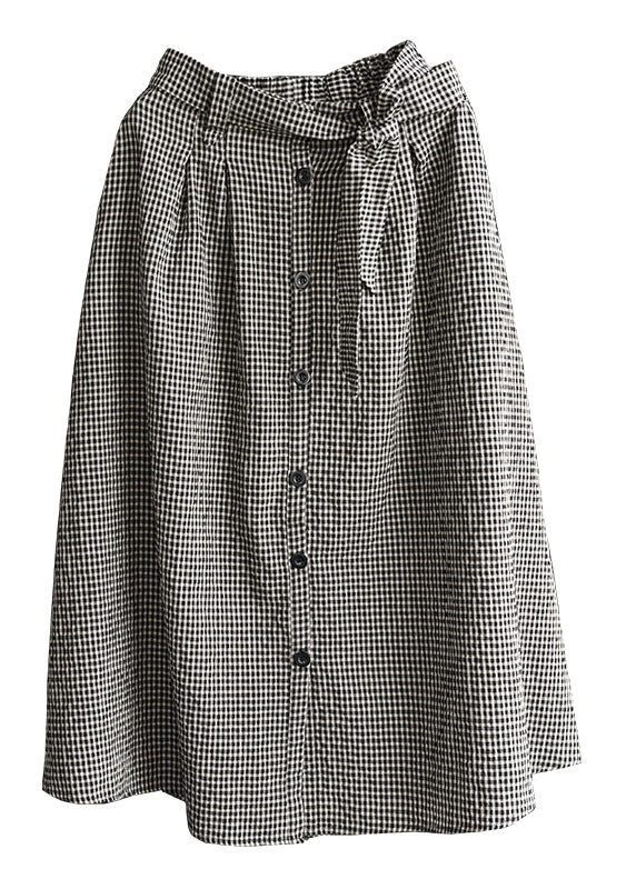Black Plaid Bow Linen A-Line Skirt