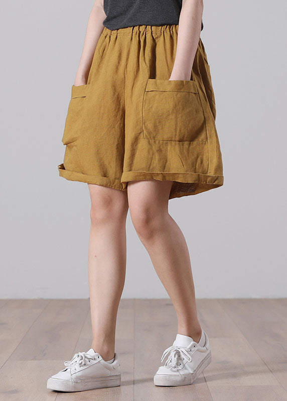 Yellow Pleated Linen Beach Shorts